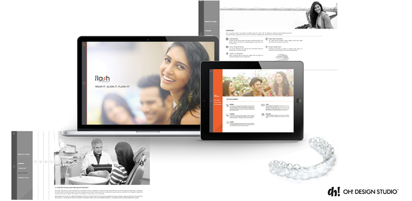 Flash Orthodontics brand identity — website mockups on laptop and tablet, aligner product shot by OH! Design Studio