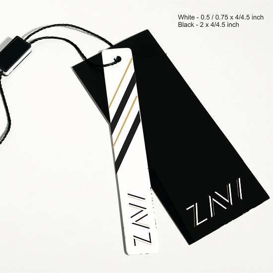 Zavi brand identity — clothing tags and label mockups