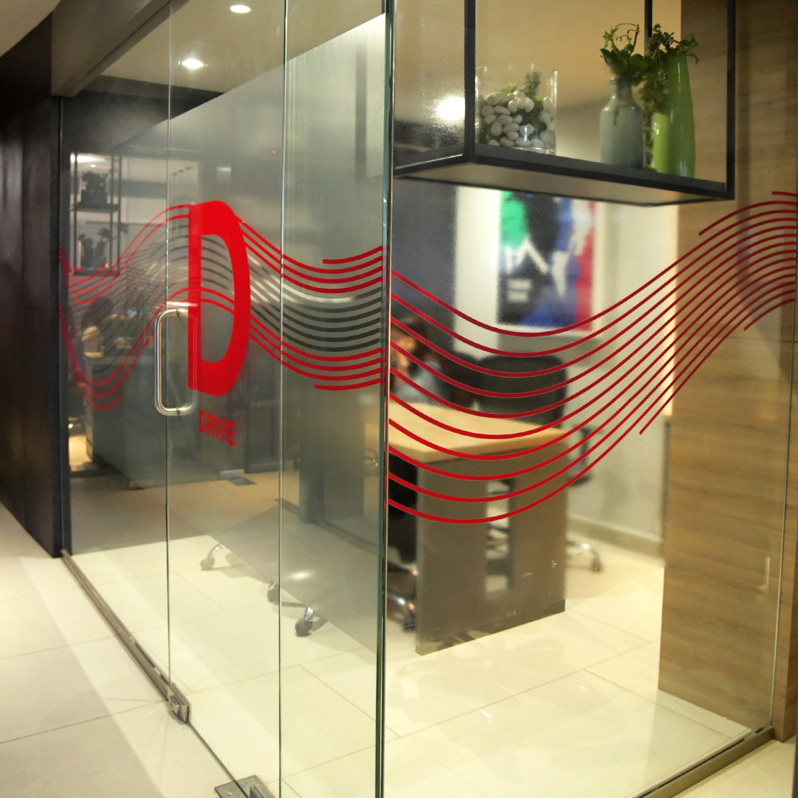 Office glass branding with letter R
