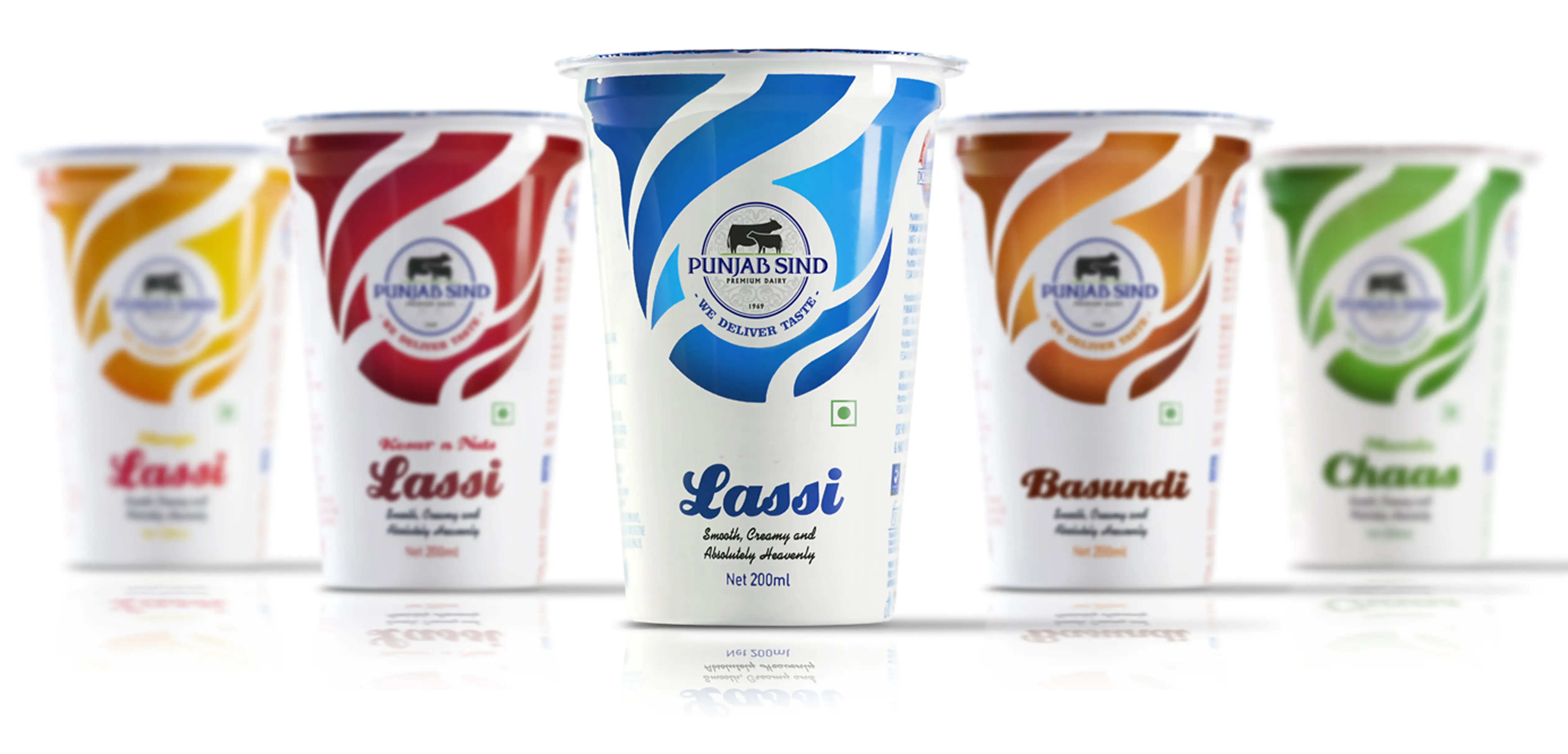 Punjab Sind Premium Dairy lassi, basundi, and chaas packaging lineup